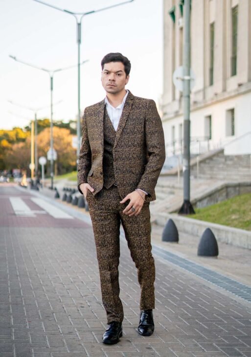 Traje de Tres Piezas Marrón Brocato para Hombre | Saco, Chaleco y Pantalón