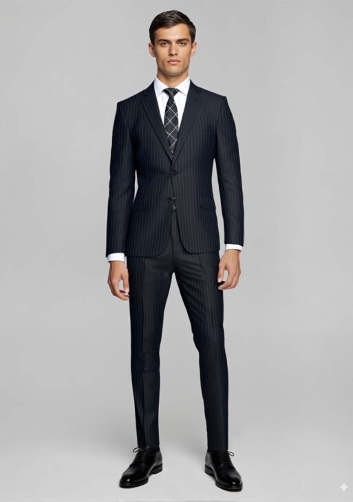 Ambo Súper 100 Negro con Rayas Azules Slim Fit