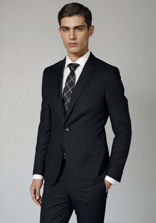 Ambo Súper 100 Negro con Rayas Azules Slim Fit